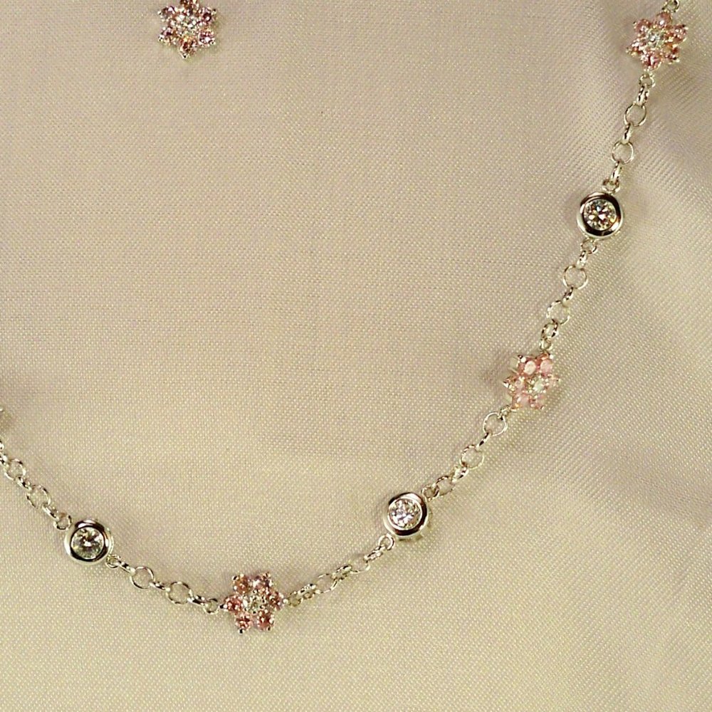 NEW Pink Flower & Bezel Cubic Zirconias Silver Vintage DESIGNER Necklace